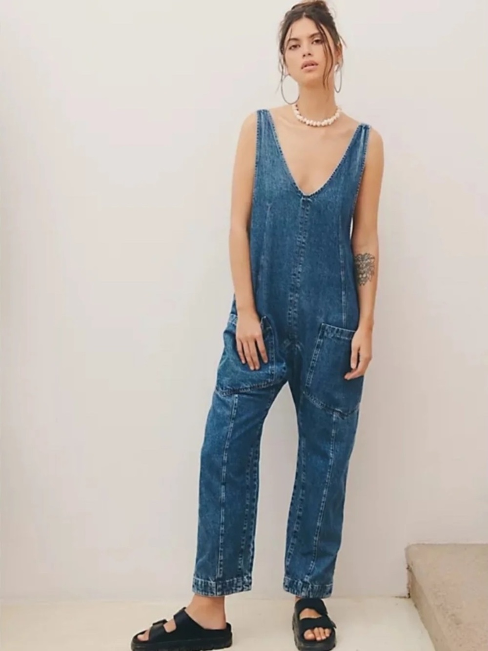 NEW FREE PEOPLE HIGH ROLLER DENIM JUMPSUIT, SMALL